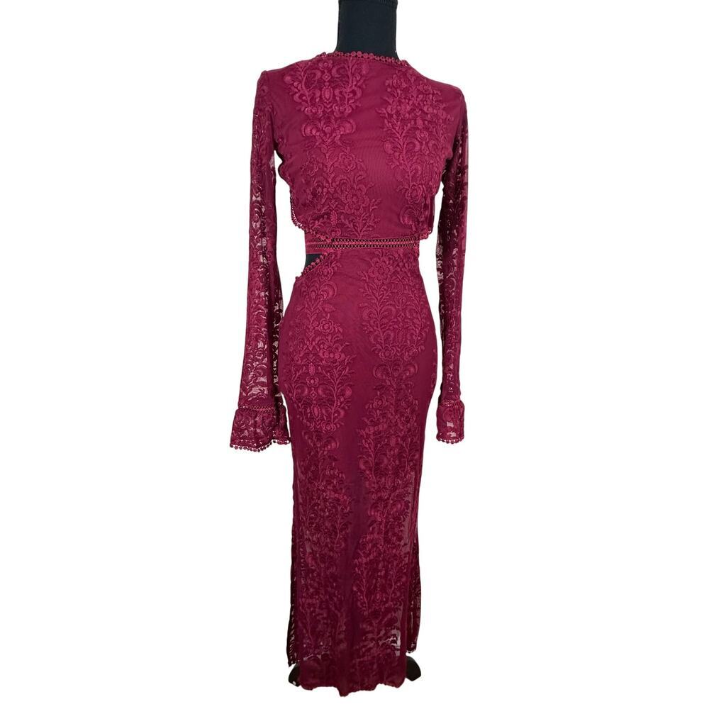 Whimsigoth Lace Open Back Flare Sleeve Gown Prom Gala Sultry Slinky Maxi Dress - Picture 3 of 11